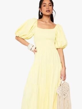 Boohoo Lemon Yellow Puff-Sleeve Maxi Dress
